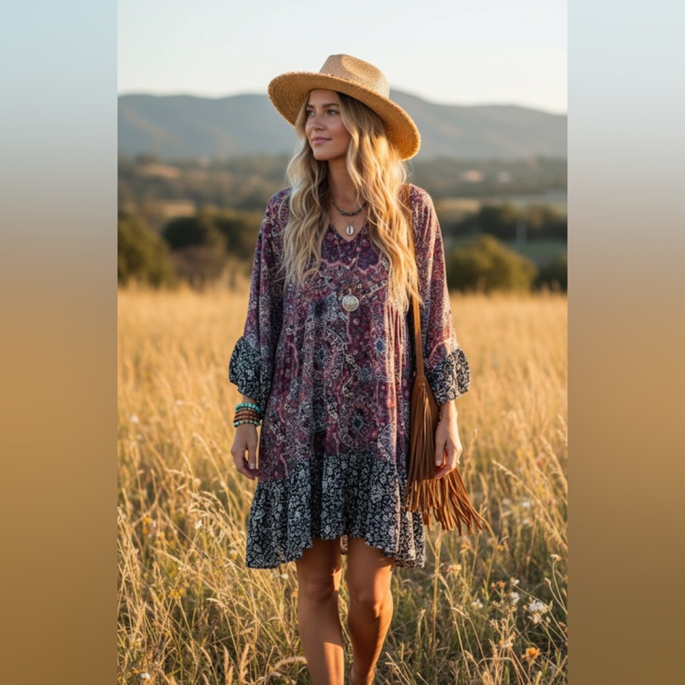 Easel Boho Patchwork Oversized Button Down Tunic … - image 1